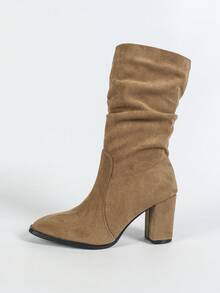 Chunky Heel Slouchy Boots Round Toe Suede Slim Tall Boots For Women, New Autumn/Winter Mid-Calf Riding Boots With Fur - 棕色 - 查看 11
