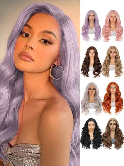 13x6 Inch Long Yaki Wavy Wig, Pre-Plucked Hairline, HD Lace Front Wig, 20 Inch, Available In Black, Brown, Pink, Gray, Blue, Purple, Each Hair Strand Pre-Plucked For Natural Hairline, Suitable For Daily Wear, Girls, Women, Cosplay, Natural And Soft Appearance