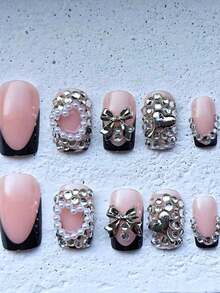 Y2K 24Pcs Set French Style Black & White Tie Dye Polka Dot Press-On Nails, Reusable, With Bowknot, Star Rhinestones, Cute & Chic, Suitable For Dates, Spring, New Year, Christmas, Daily, Birthday, Festival, Spring/Summer New Arrival Nail Supplies Nails - 黑白3 - 查看 4