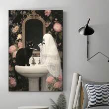 1PC Black Cat Is Sitting On A White Sink, Right In Front Of It12X16inch And 16x24inch Framed , Classic Wooden Frame, Suitable For Living Room, Bedroom, Bathroom And Other Decorations, Perfect Gifts For Christmas, Halloween And Thanksgiving