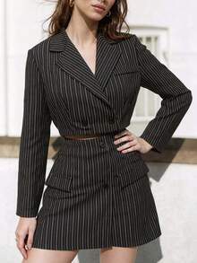 Conjunto de 2 Peças com Jaqueta Cropped de Manga Longa com Botões em Cruzado e Decote em V Listrado e Saia Mini Ajustada de Cintura Alta, Adequado para Escritório, Noite, Encontros, Férias, Uso Casual, Outono/Inverno