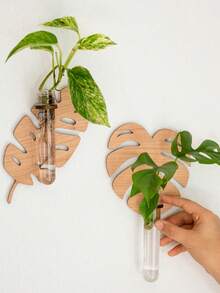 1 件新款叶形木质空心植物迷你花瓶透明水培绿花盆壁挂装饰吊坠，适用于圣诞节和节日礼物客厅阳台绿植装饰（款式和颜色随机选择） - 紅木色 - 查看 6