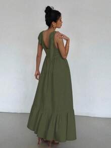 Maxi Vestido de Tirantes Ajustable con Escote en V o Pico Profundo, con Volante en el Bajo Casual para Mujer - Verde militar - Ver 3