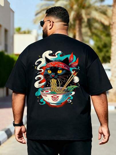 AnChiStreetwear - 大码男士时尚创意猫咪吃拉面印花休闲短袖T恤，适合街头穿搭、户外活动和日常通勤。