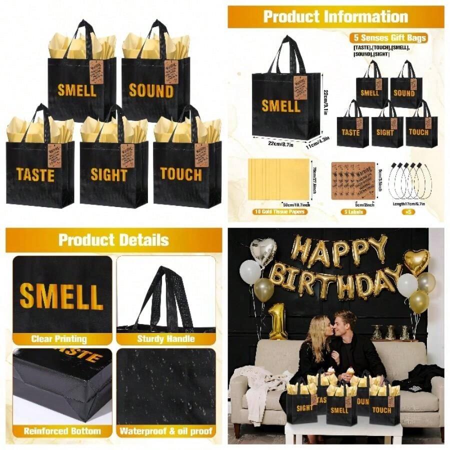 5 Senses Bags Him Her With 10 Gold Tissue Paper, 9.1x8.7x4.3In Reusable Non - Woven Sight Smell Taste Sound Bags With 5 Label Birthday, Wedding, Valentine's Day Present - 黑金 - 查看 1
