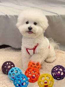 1pc Pet Chasing Toy Hollow TPR Bouncy Ball With Bell, Squeaky & Durable Interactive Toy For Teeth Cleaning & Training, Suitable For Cats & Dogs (Random Color) - Multicolor - View 5