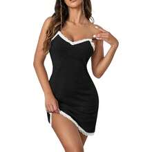Sexy Lace Strap Babydoll Chemise Nightgown V Neck Full Slip Nightdress, 2025 Fashion Style - 黑色 - 查看 4