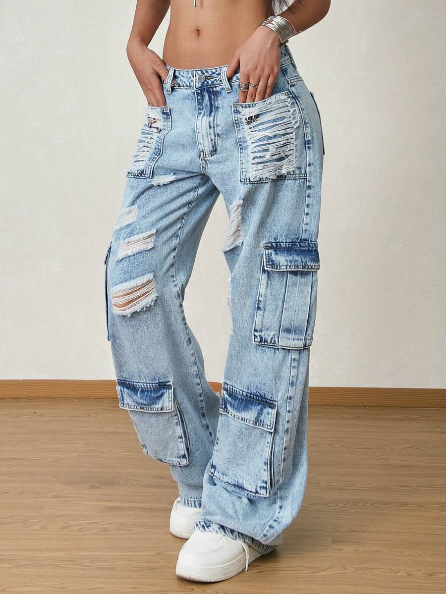 女式宽松做旧多口袋高腰直筒牛仔裤 - 淺色水洗藍 - 查看 1