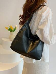 1 件绗缝时尚大号手提包，新款女士单肩包 - 黑色 - 查看 2