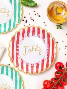 10 Stücke/20 Stücke/50 Stücke Weihnachts-Pappteller 7 Zoll Weihnachts-Kuchenteller mit niedlichem rot-grün gestreiftem Muster, fröhlichem Design mit gezacktem Rand, Weihnachtsparty Zubehör - Verschiedenfarbig - Übersicht 5