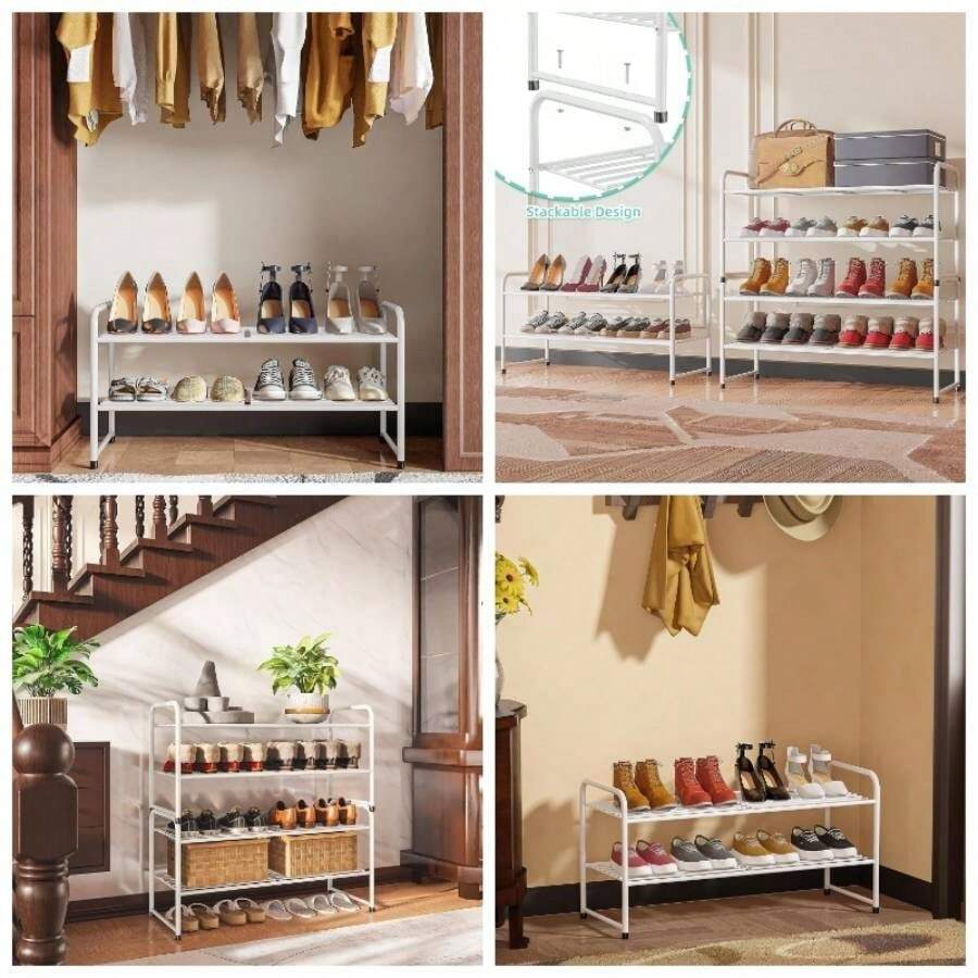 - Zapatero de 3 niveles de 33 pulgadas de ancho, organizador de zapatos de metal resistente, apilable, negro - Blanco + 32,3" x 12,0" x 16,2" (2 niveles) - Ver 1