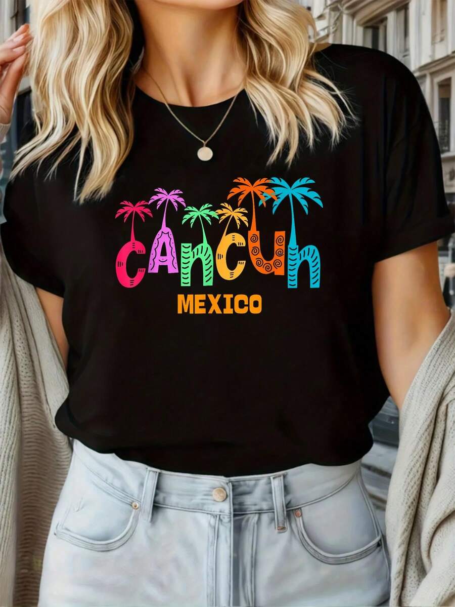 100% Algodón Unisex Viaje Familiar a México 2025 Camiseta Recta Trippin' Vacaciones - Camisetas Gráficas 100% Algodón para Mujeres, Ropa de Verano - Negro 11 - Ver 1