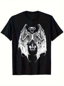 Gothic Vampire Bat Skeleton Graphic T-Shirt - Unisex, Short Sleeve, Crew Neck, Lightweight Polyester, Machine Washable, Black & White Design, Summer Style, Sizes XS-XXL - màu đen - Xem 1