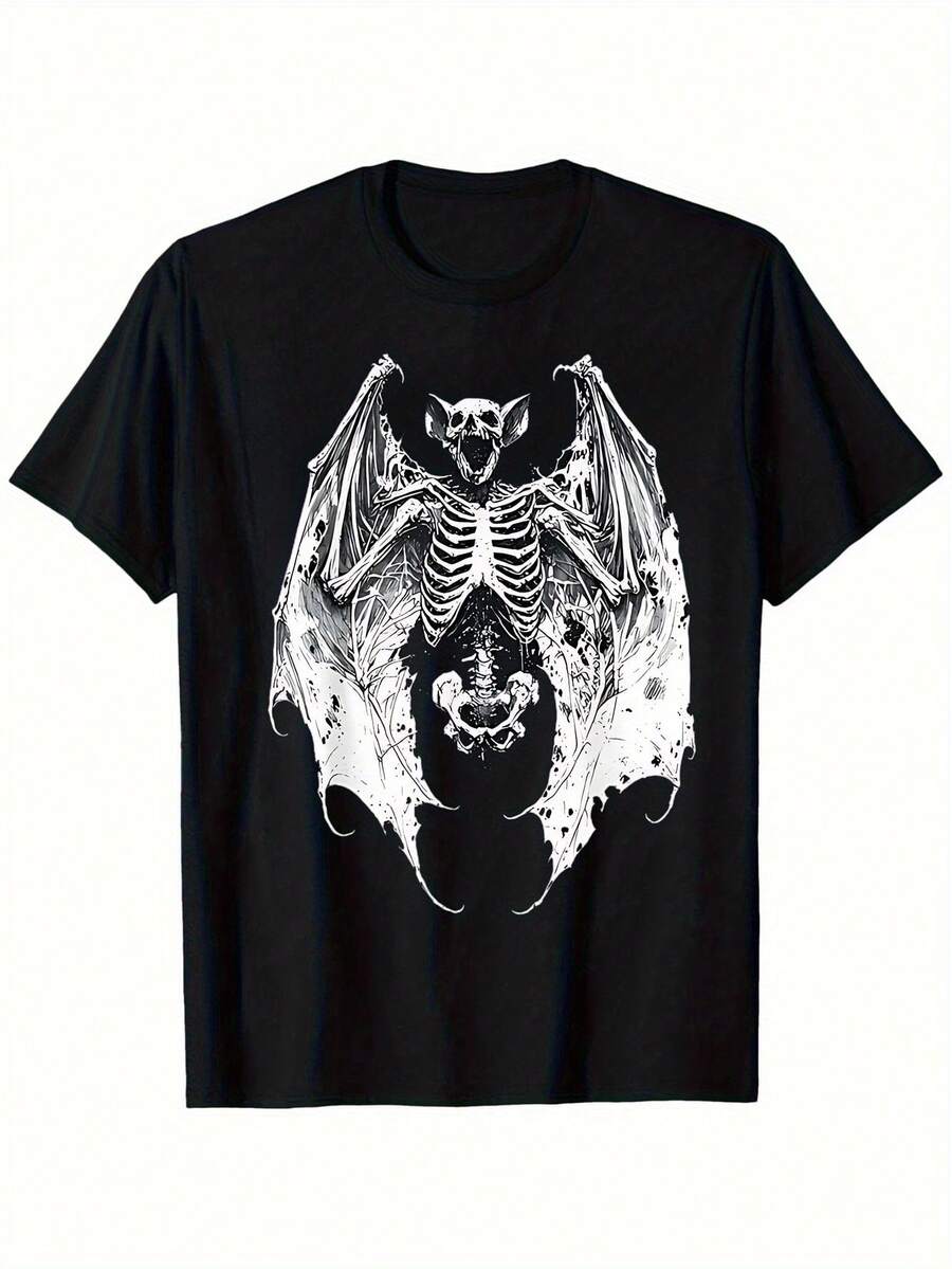 Gothic Vampire Bat Skeleton Graphic T-Shirt - Unisex, Short Sleeve, Crew Neck, Lightweight Polyester, Machine Washable, Black & White Design, Summer Style, Sizes XS-XXL - màu đen - Xem 1