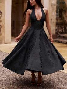 Women Jacquard Halter Dress Elegant Low Cut Sleeveless Open Back A-Line Long Dress For Evening Party Club - 黑色 - 查看 1