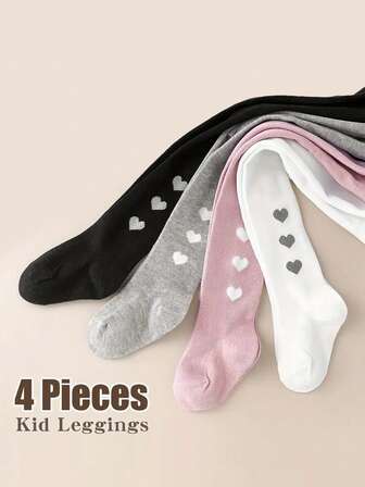 4 Pairs Girls' Solid Color Tights With Heart Pattern, Sweet And Cute, Suitable For School And Daily Outfit Matching, All-Season Versatile Leggings