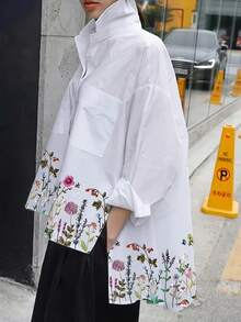 女式休闲花卉印花宽松开叉高低下摆衬衫，春秋 - 白色 - 查看 4