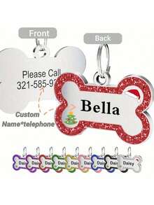 [定制] 带有圣诞元素的个性化宠物身份标签，DIY 宠物名字和电话，防止狗走失，宠物的圣诞礼物 - 玫紅色 - 查看 11