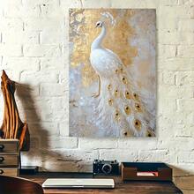 1pc, Elegant White Peacock Canvas Wall Art, Majestic Bird Print Painting, Luxurious Gold Textured Background, Stretched Art For Living Room, Bedroom, Office, Modern Home Decor, High Quality Gic Print Picture, Ready To Hang Wall Decor, Animal Inspired Artwork - 彩色 - 查看 3