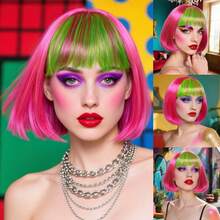 Fashion Women's BoBo Wigs, Short Straight Hair With Bangs Wigs, Multiple Pastel Colors Bob Anime Cosplay Wigs For Party Costume Wigs For Ladies, Pink Green Black Blonde Red Brown Blue White Purple Orange Yellow Rainbow Colorful Hairpiece For Holiday Comic Con Exhibition Celebration Daily Wigs For Birthday Gifts, Sassy Rockabilly Punk Cool Unique Rock & Roll 80s Wig
