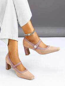 1 Par de Sapatos de Salto Alto Elegantes e Versáteis com Bloco de Cores, Bombas de Tira de Pérola com Fivela de Bico Quadrado e Salto Grosso para Mulheres, Novos Lançamentos para Primavera/Outono
