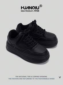 HUANQIU Women Thick Sole Versatile White Sneakers, Comfortable & Stylish, Suitable For All Seasons, Sports, Students, Casual Wear - Black - View 4