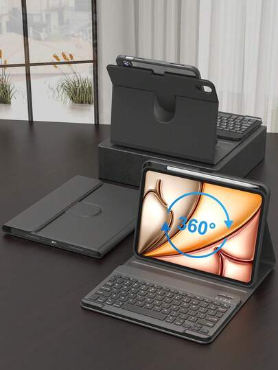 Rotating Protective Keyboard Case Compatible With Ipad, Compatible With IPad 10th Gen, PU Leather Material, Fits IPad 10.2", 9/8/7, Air3/10.5", Pro 11" (2018/2020/2021/2022), With Acrylic Backplate And Pencil Slot, Suitable For IPad (A16) 11" 11th Gen (2025), Supports 3 Angle Adjustments, Compatible With IPad Air4/5/11" (M2) 2024/(M3) 2025, Built-In 150mAh Battery - Black