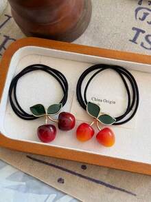 2pcs Elegant Cute Cherry Blossom Pendant Hair Scrunchies, Alloy Hair Hoop Metal Hair Accessories, Suitable For Summer, Beach, Vacation, Hair Scrunchies, Hair Ties, Hair Accessories, Ponytail Holders, Hair Tie, Hair Ornaments ,Makeup ,Hair Elastics ,Hair Rubber Bands ,Hair Rope - Multicolor - View 3