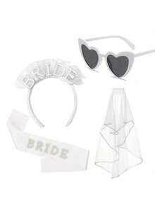 4pcs Bride To Be Party Accessories Pearl Bride Headband With Veil Sash Heart Glasses For Bachelorette Party Decorations Bridal Shower Hen Party Accessories