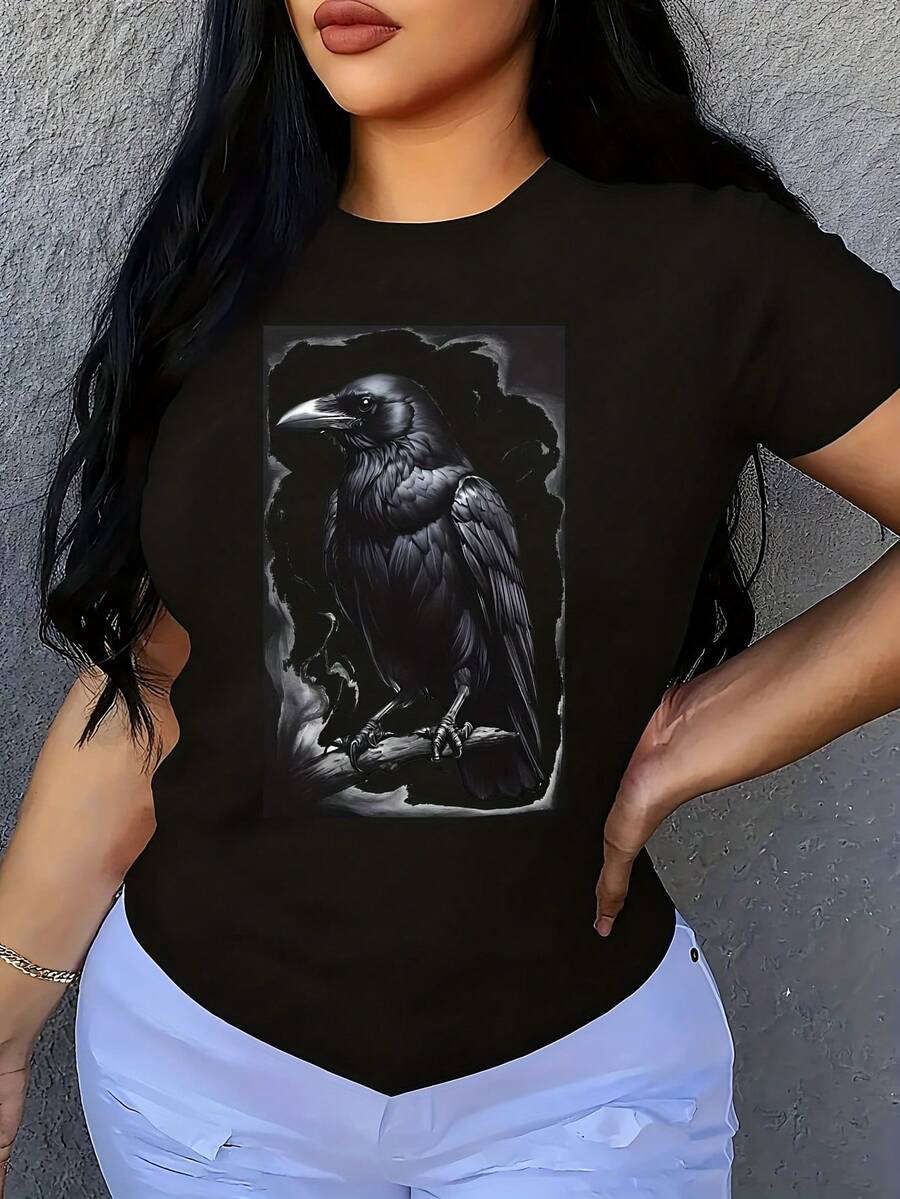 Crow (23) 1 Pcs Women's Plus Size T-Shirt Oversized Graphic Short Sleeve Tee 100% Polyester Novelty Shirt Crew Neck Top Casual Clothing 220g - 黑色 - 查看 1