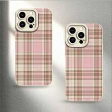 粉棕格纹图案纹理背景设计时尚轻薄手机壳，兼容 17/17 Pro Max/X/XS/11/12/13/14/15/16 Pro - 防护性强，防震，时尚耐用 - 超薄TPU手机壳，男女皆宜 - 白色 - 查看 4