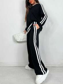 女士休闲长袖T恤+侧条纹口袋直筒裤套装，春秋 - 黑色 - 查看 2