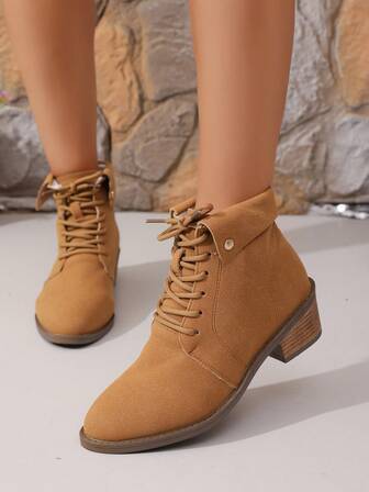 Women's Pointed Toe Solid Color Lace-Up Boots, Chunky Heel Fashion Ankle Boots, High Heel Boots, Western Cowboy Boots