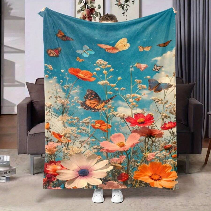 Coperta in flanella con stampa digitale floreale, regalo per vacanze per il sonno in ufficio o il divano - Fodera versatile per coperta da viaggio o uso all'aperto. Coperta carina