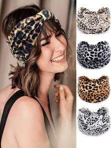 1 pieza Diadema ancha de estilo bohemio con estampado de leopardo para mujeres, turbante, banda elástica con nudo, accesorios para el cabello antideslizantes para hacer ejercicio