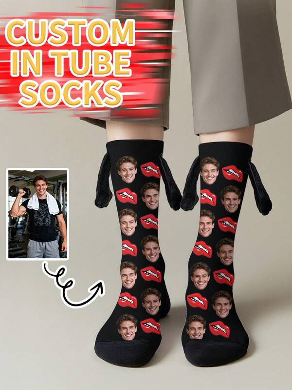 1 par de calcetines medianos personalizados con serie de hombres sosteniendo manos, pon cualquier cara en los calcetines, calcetines personalizados con fotos, imágenes personalizadas interesantes con calcetines medianos, adecuados para el Día de San Valentín, cumpleaños, regalos y otras ocasiones, personalizado