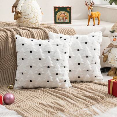 2件装圣诞树绗缝毛绒枕套，方形枕套，充满圣诞气息，适合家居装饰、客厅、沙发，四季皆宜。
