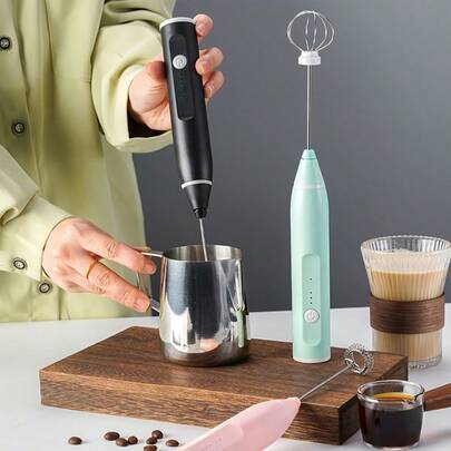 1pc Rechargeable Handheld Electric Milk Frother, With Stainless Steel Whisk, USB Charging, 1200mAh Battery Life, 3-Speed Adjustable Milk Foamer, Mixer, Beater, Ideal For Coffee, Matcha, Latte, Hot Chocolate