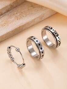 3pcs Fashionable Stainless Steel Rotating Moon/Star/Silver Bead Design Fidget Jewelry, Matching Daily Outfits