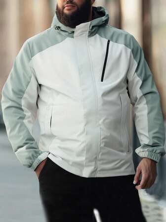 大码男士拼色连帽夹克，适合春秋季节