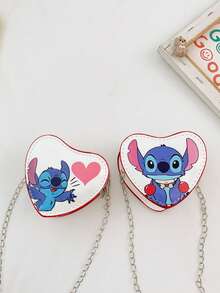 Stitch Individual Print Heart Shaped Pouch, Multiple Adorable Cartoon Designs Available, High-Quality PU Material, Lightweight Zipper Closure, Metal Chain Strap, Anime Fan Collectible Peripheral, Adds Vibrancy & Romance To Daily Outfits, .