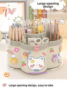 1pc Rotating Pen Holder Organizer, High Capacity, Compartments, Suitable For Student, Children Desk, Creative Pen Rack, Minimalist Design (Random Sticker Pattern)