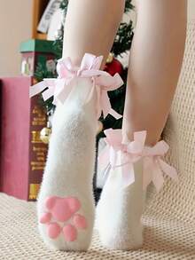 1/2 Par Meias de Coral Fleece com Laço em Formato de Pata de Gato 3D para Mulheres, Chinelos Confortáveis, Adequados para Uso Doméstico no Outono/Inverno, Meias para Dormir