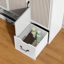 Multi-Functional Shoe Cabinet With Adjustable Shelves, Stool, Retractable Toe-Kick Drawer, Minimalist Shoe Storage Organizer With Sturdy Top Surface For Various Sizes Of Items, White