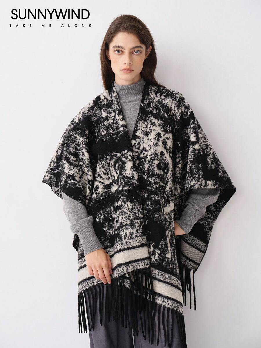 1 件女士风景印花涤纶休闲保暖厚披肩,适合秋冬季日常使用 - 黑色 - 查看 1
