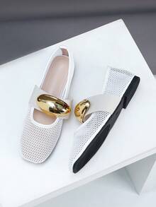 1 Par de Sapatilhas de Balé Francesas da Moda para Mulheres, Estilo Mary Jane, Plana, Sandálias com Recorte em Tela/Rede