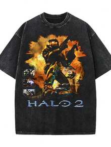 Washed Halo 2 T-Shirt Oversized Unisex Acid Wash Lightweight Cotton T-Shirt, Game Enthusiast, Fabric Mens Top Collar Streetwear Cropped T-Shirt - 黑色 - 查看 1