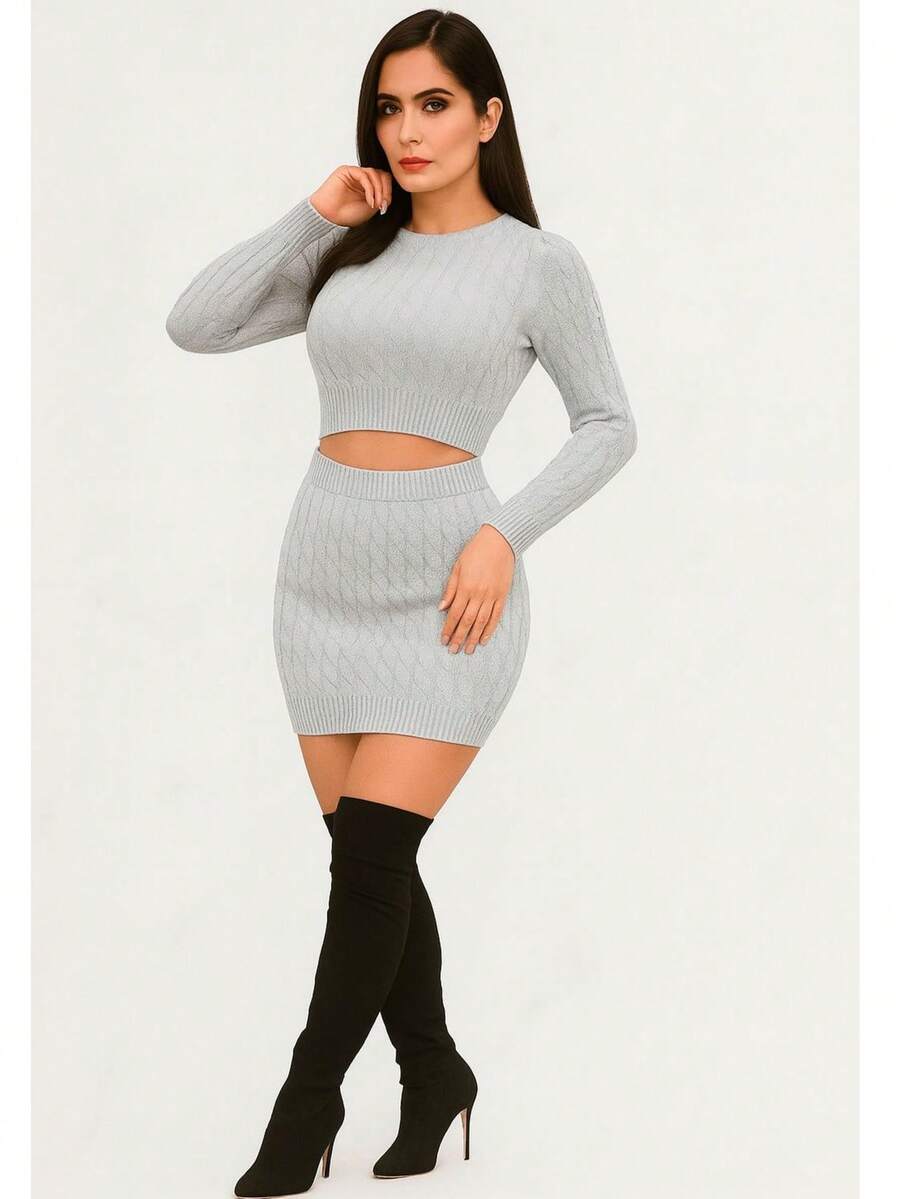 Conjunto de Falda y Blusa Tejida - Gris - Ver 1