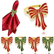 Novo estilo de anéis de guardanapo em formato de laço, prendedores de guardanapo verdes e vermelhos, para festas e comemorações de Natal, decorações de anéis de guardanapo de metal