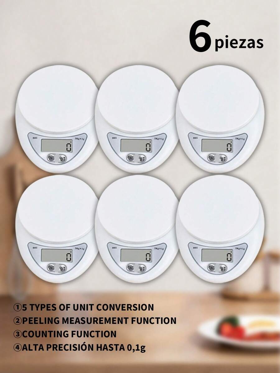 6 piezas Báscula de cocina electrónica portátil con función de tara, capacidad de 5 kg/11 libras, 3 unidades de medición (g/oz/libras), base antideslizante, alimentada por batería (incluso AAA) - Diseño compacto para uso doméstico y restaurante, plástico apto para alimentos, básculas de cocina para alimentos, pesaje de restaurantes, modernos utensilios de cocina, cuerpo de plástico duradero. - 6 piezas - Ver 1